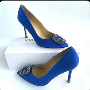 Hangisi Navy Blue Satin Crystal Jewel Buckle Heel Pump